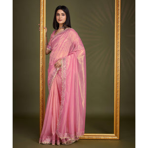Light Pink Sequins Embroidery With Mirror Handwork Twill Net Saree