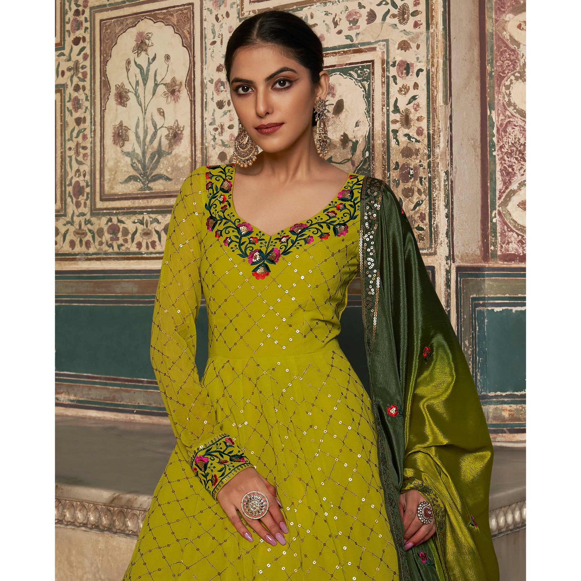 Lime Green Sequins Embroidered Georgette Gown With Dupatta