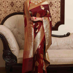 Maroon Floral Woven Lichi Banarasi Silk Saree