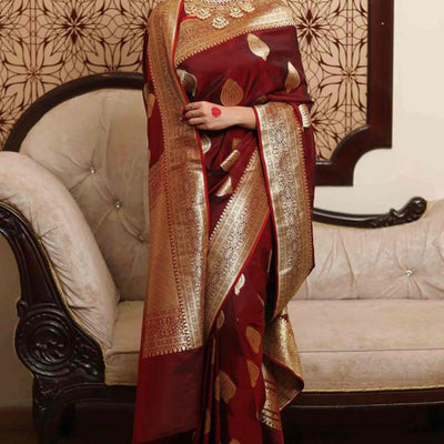 Maroon Floral Woven Lichi Banarasi Silk Saree