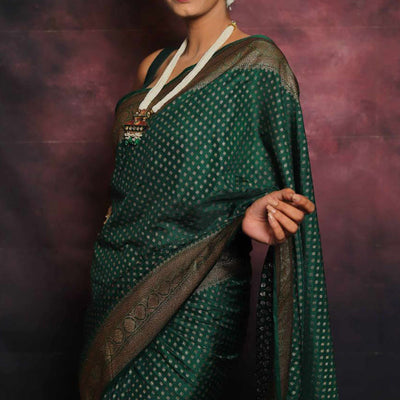 Bottle Green Floral Woven Lichi Banarasi Silk Saree