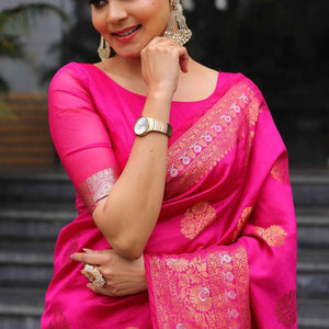 Magenta Floral Woven Banarasi Silk Saree