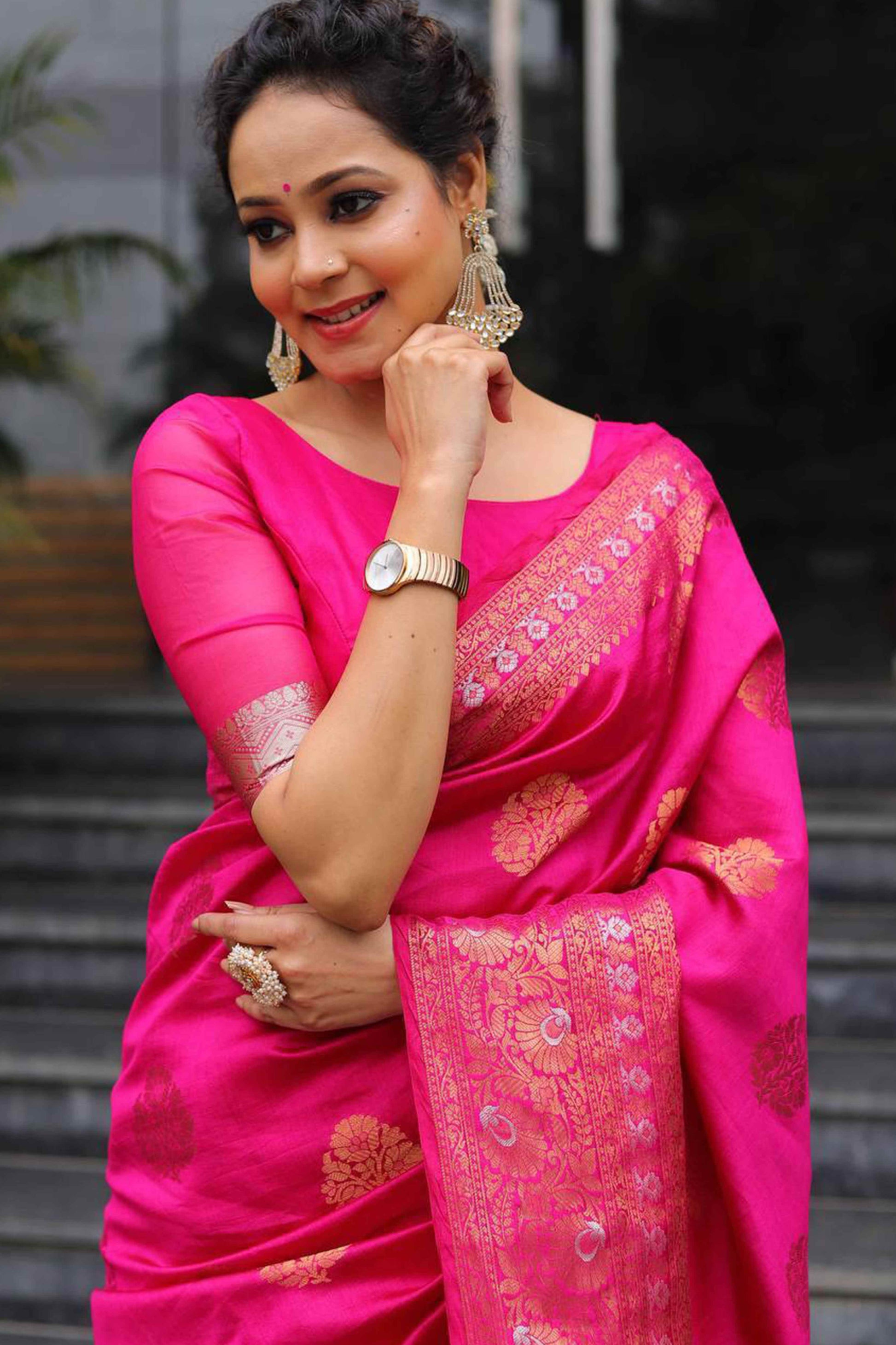 Magenta Floral Woven Banarasi Silk Saree