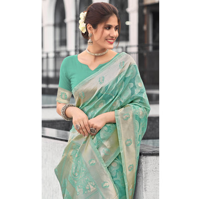 Light Rama Green Woven Cotton Silk Saree With Tassels