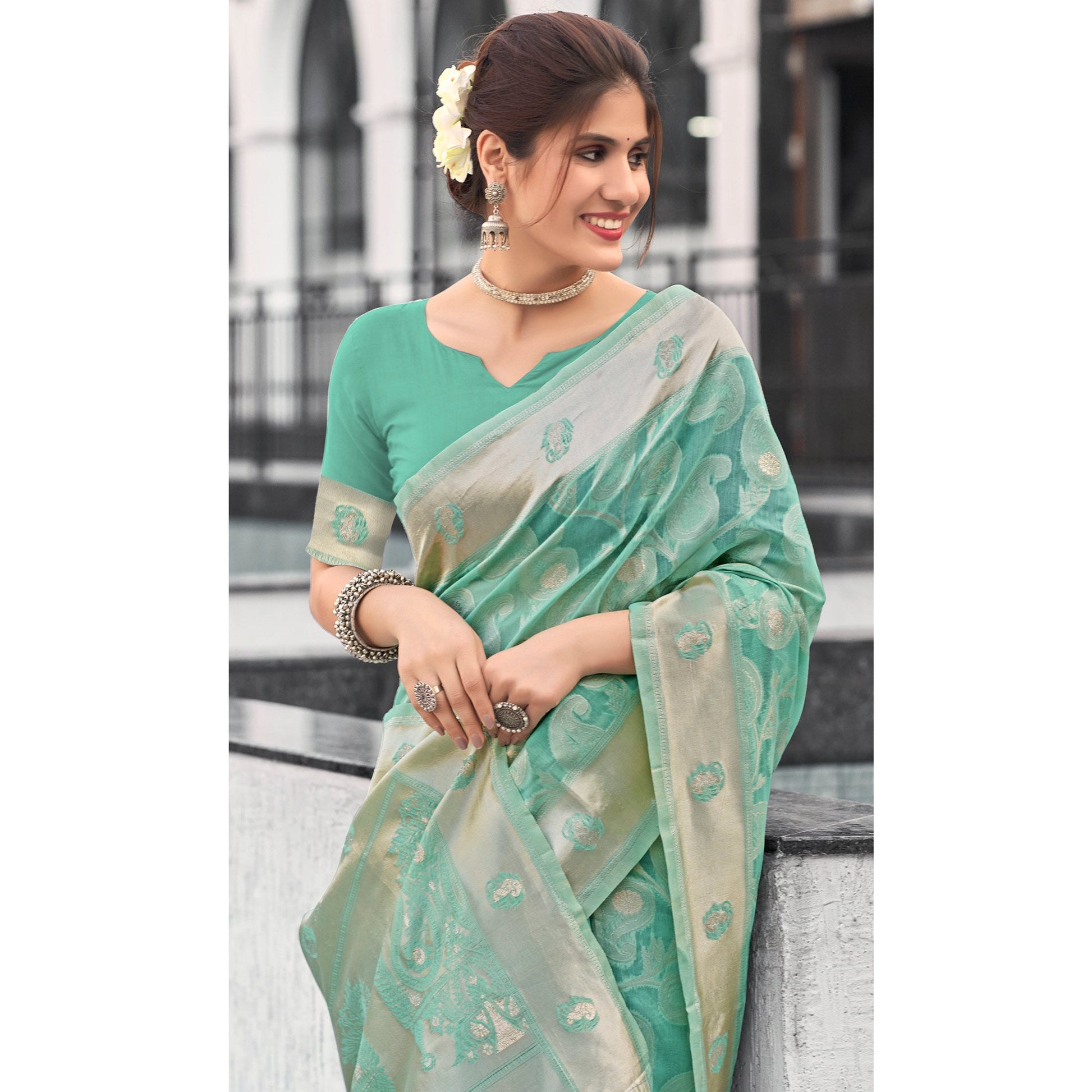 Light Rama Green Woven Cotton Silk Saree With Tassels