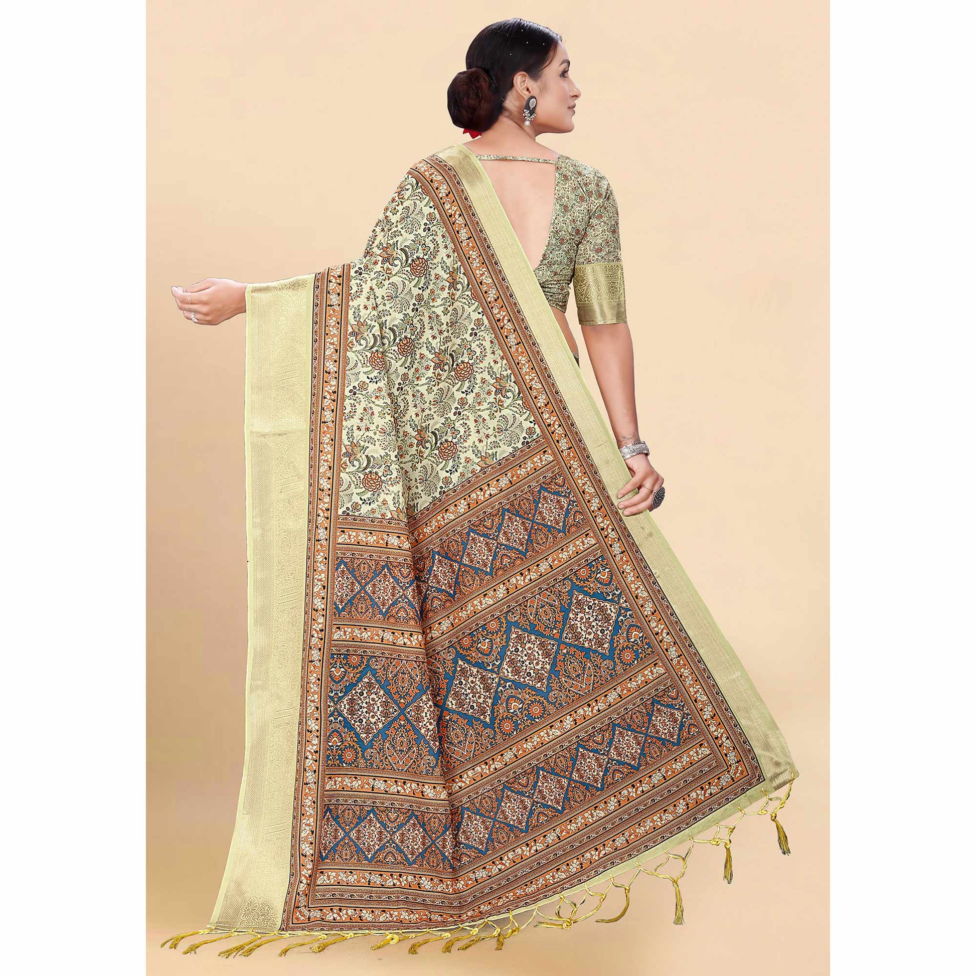 Light Yellow Floral Digital Printed Pure Cotton Saree