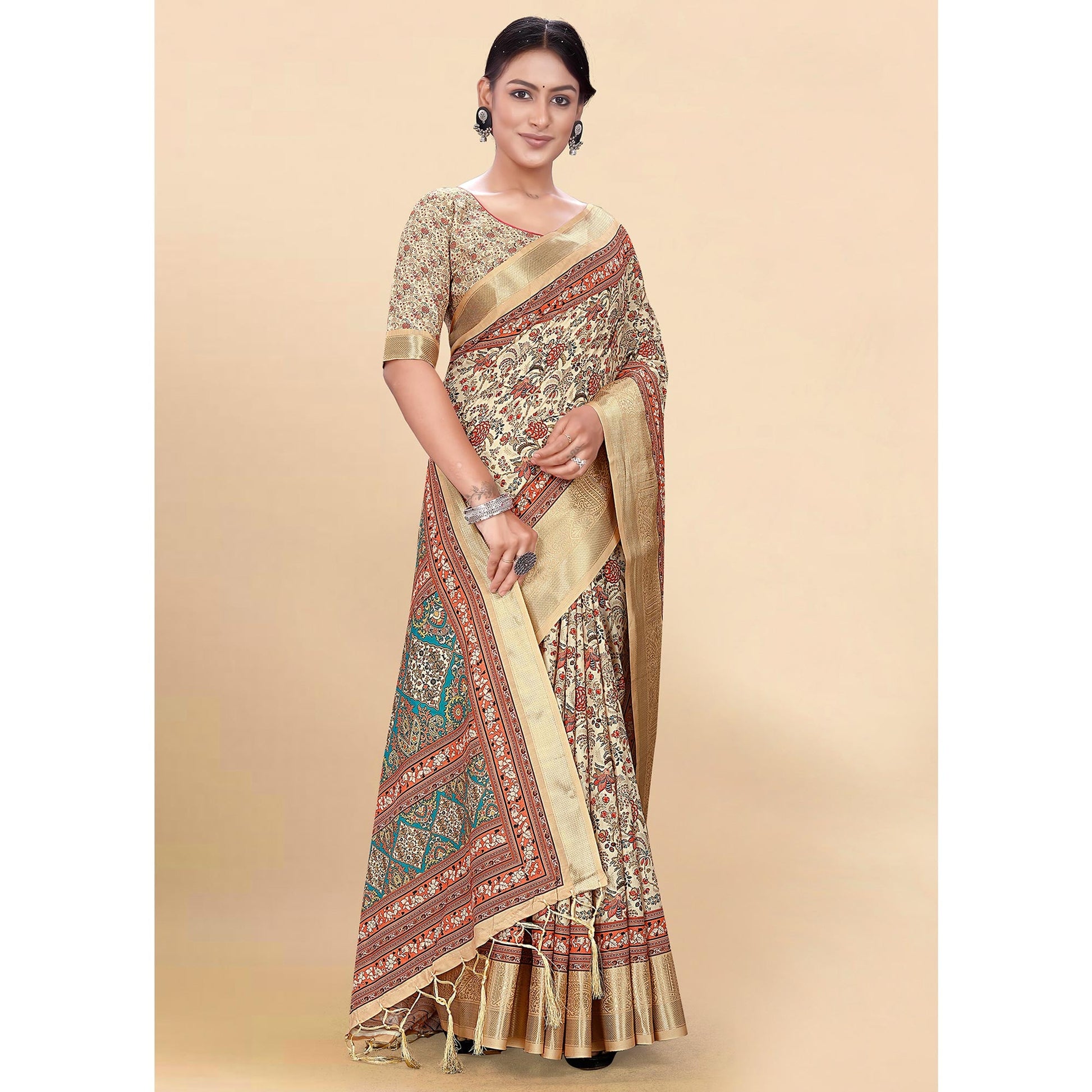 Cream Floral Digital Printed Pure Cotton Saree