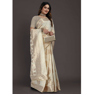 Cream Floral Woven Raw Silk Saree