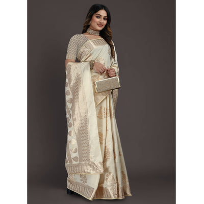 Cream Floral Woven Raw Silk Saree