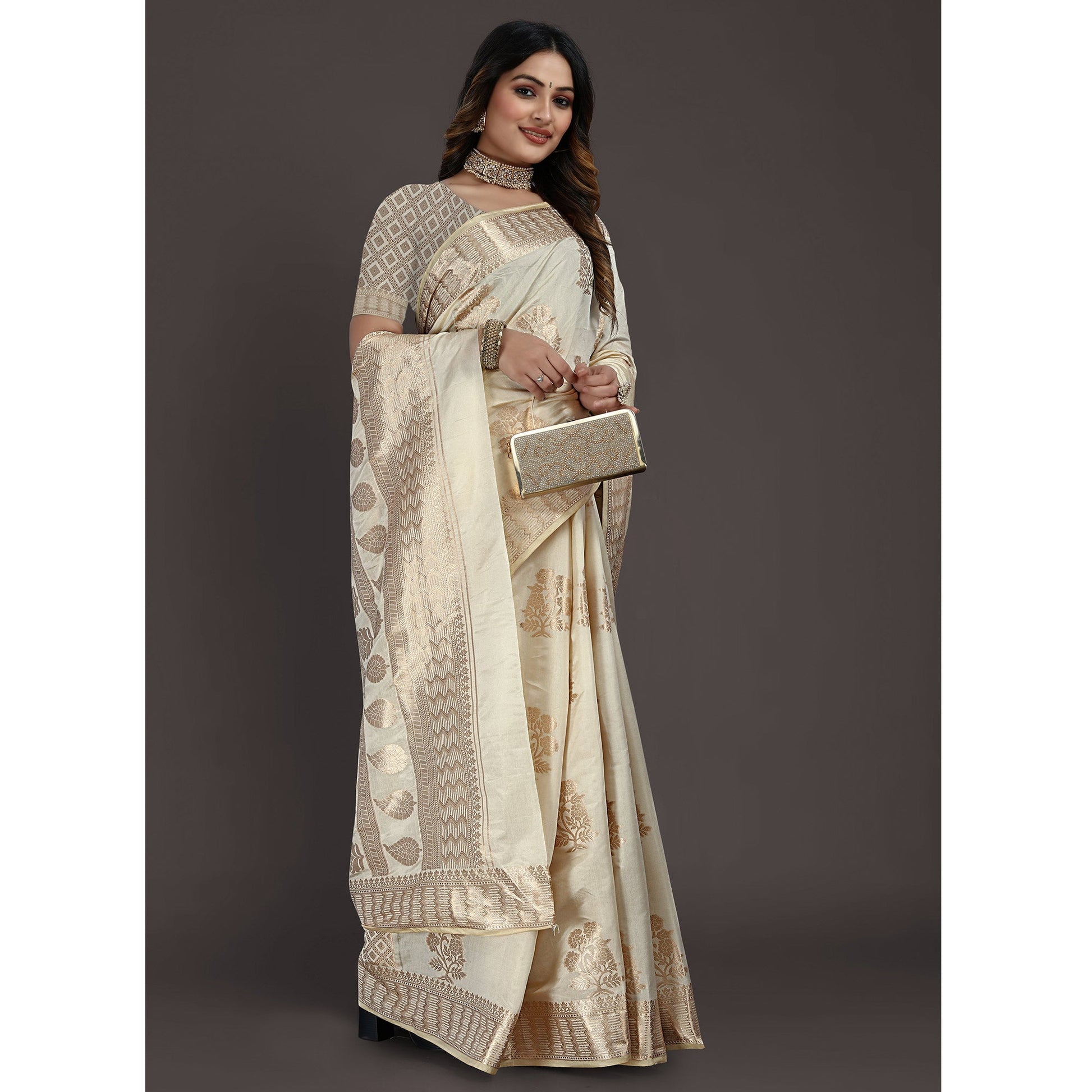 Cream Floral Woven Raw Silk Saree