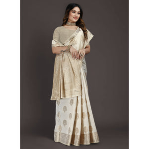 Cream Floral Woven Raw Silk Saree