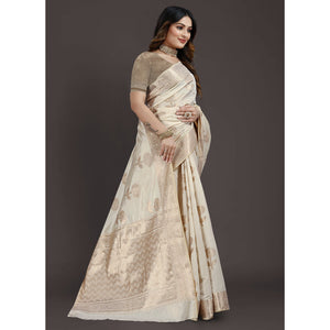 Cream Floral Woven Raw Silk Saree