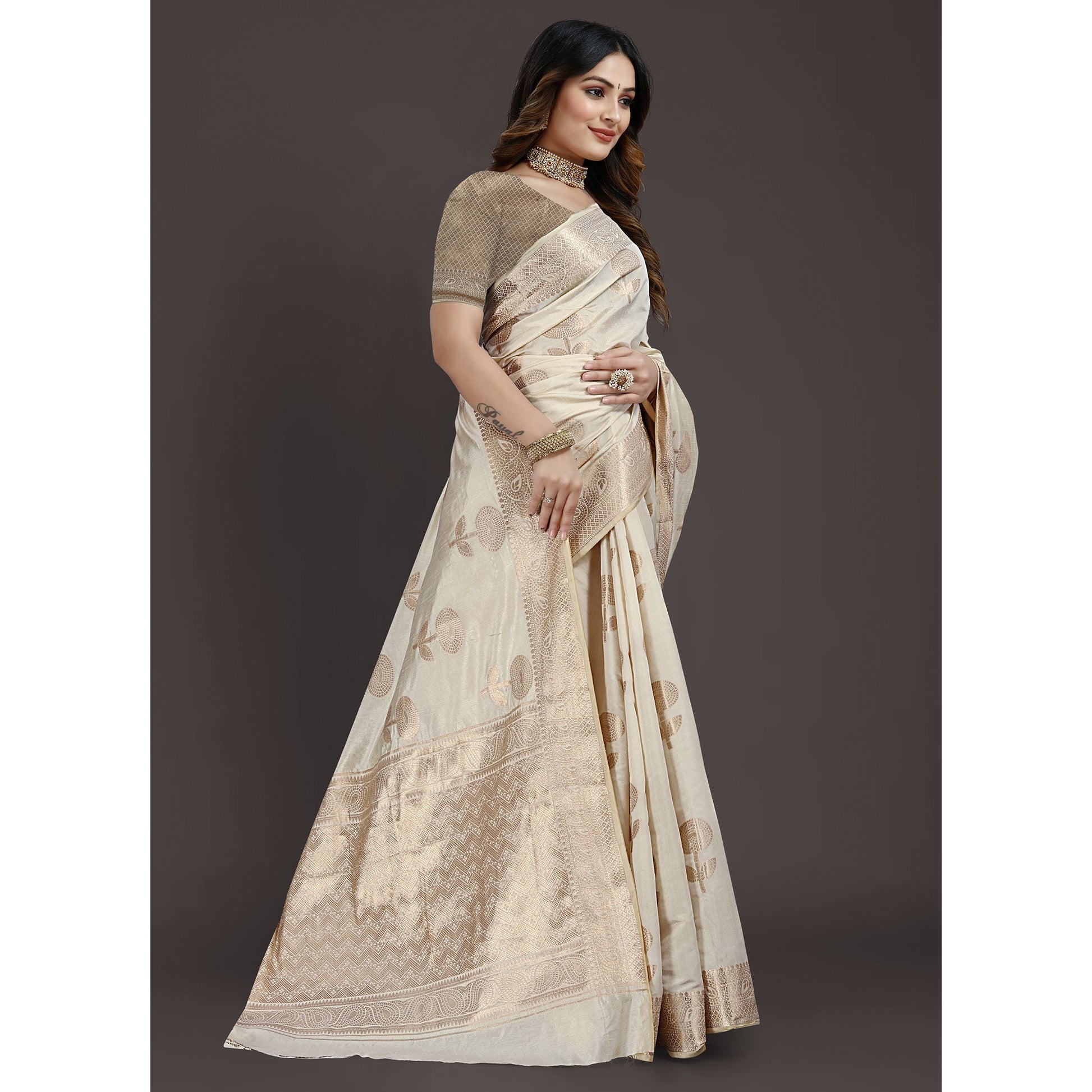 Cream Floral Woven Raw Silk Saree