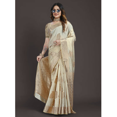 Cream Floral Woven Raw Silk Saree