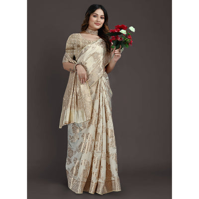 Cream Floral Woven Raw Silk Saree