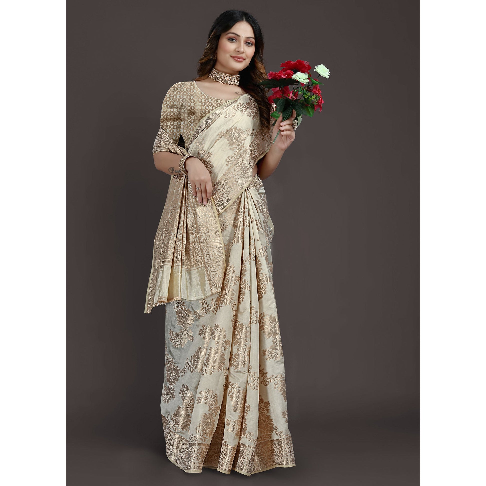 Cream Floral Woven Raw Silk Saree