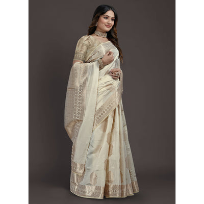 Cream Floral Woven Raw Silk Saree