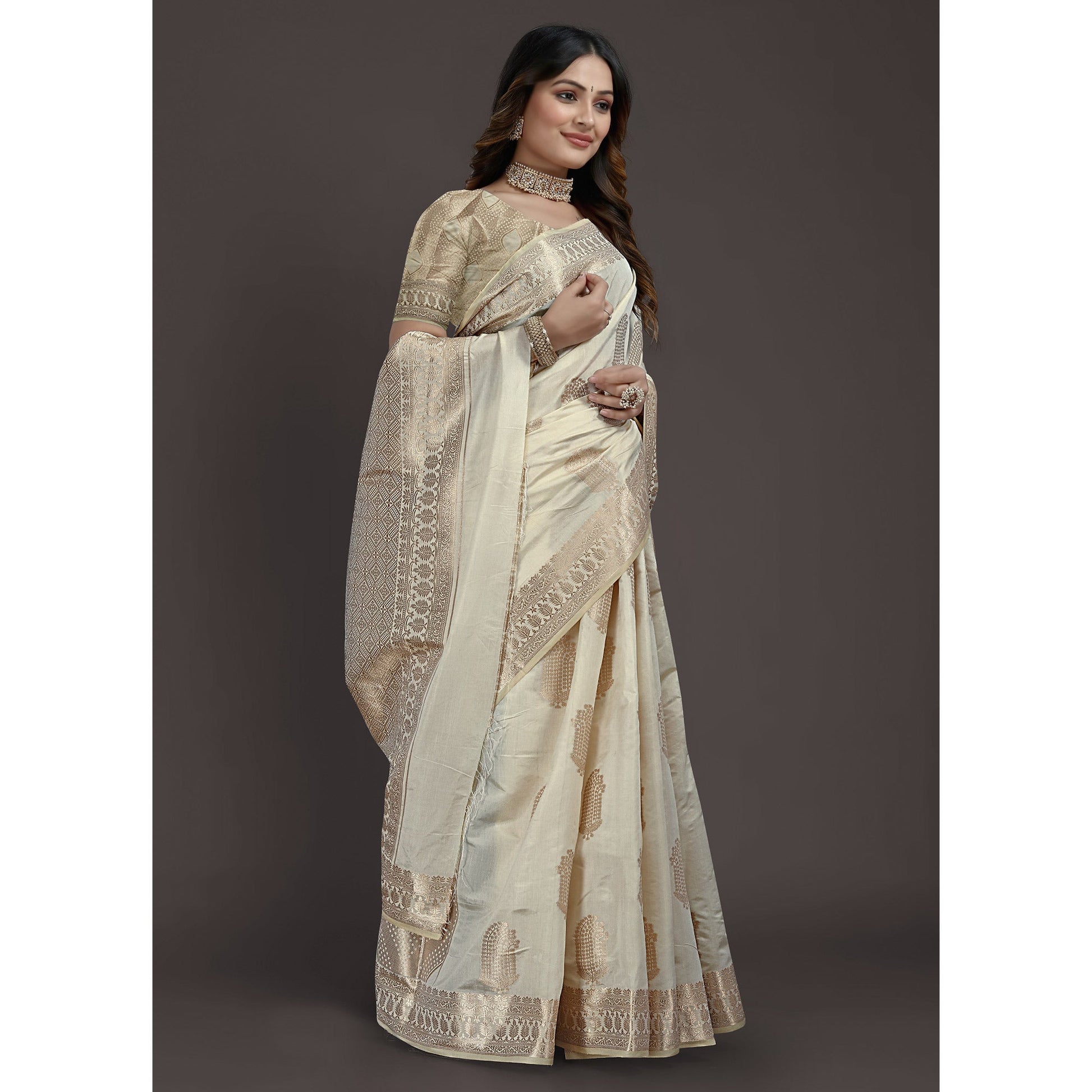 Cream Floral Woven Raw Silk Saree