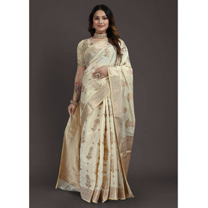 Cream Floral Woven Raw Silk Saree