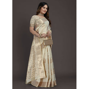 Cream Floral Woven Raw Silk Saree