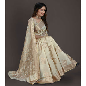 Cream Floral Woven Raw Silk Saree