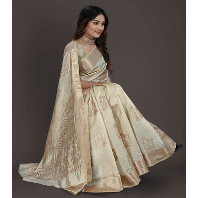 Cream Floral Woven Raw Silk Saree