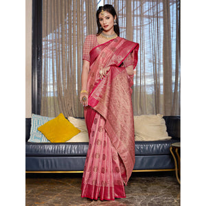 Gajari Pink Floral Woven Cotton Blend Saree