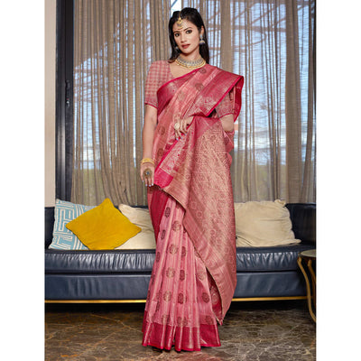 Gajari Pink Floral Woven Cotton Blend Saree