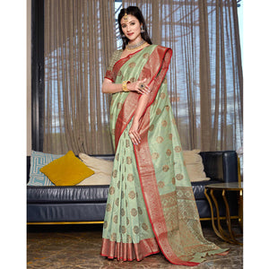 green-floral-woven-cotton-blend-saree