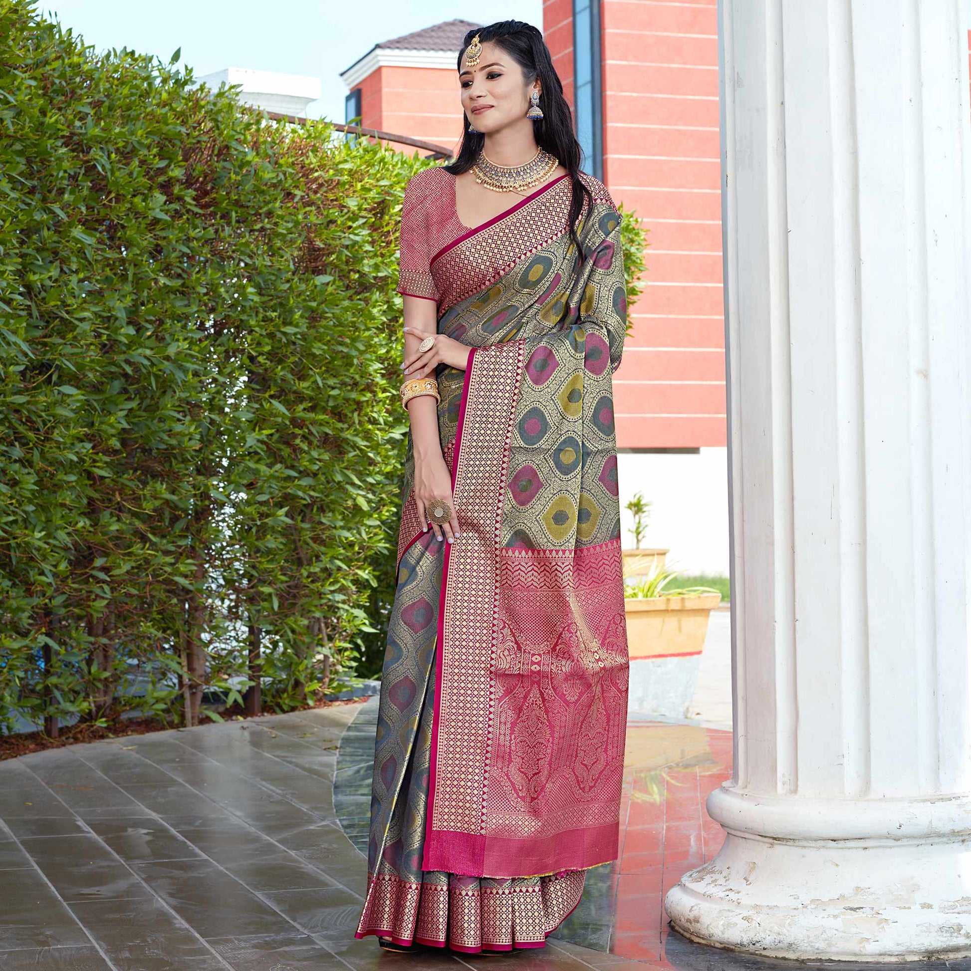 Grey Woven Art Silk Saree
