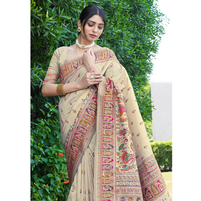 Cream Woven Pure Silk Saree