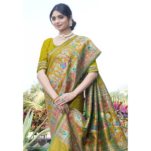 Lemon Green Woven Pure Silk Saree