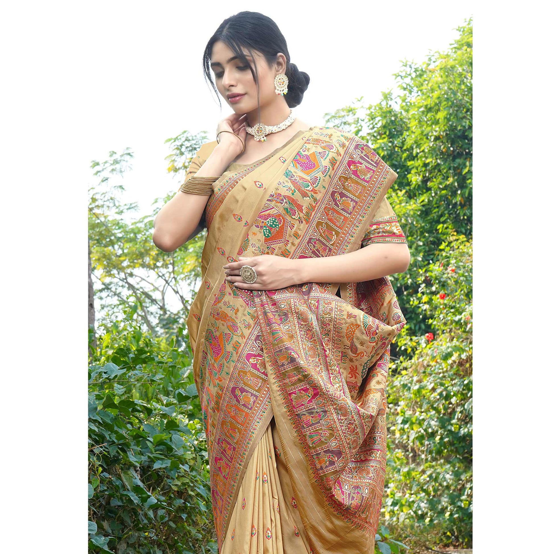 Chikoo Woven Pure Silk Saree