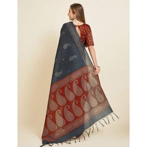 grey-digital-printed-bhagalpuri-silk-saree-with-tassels
