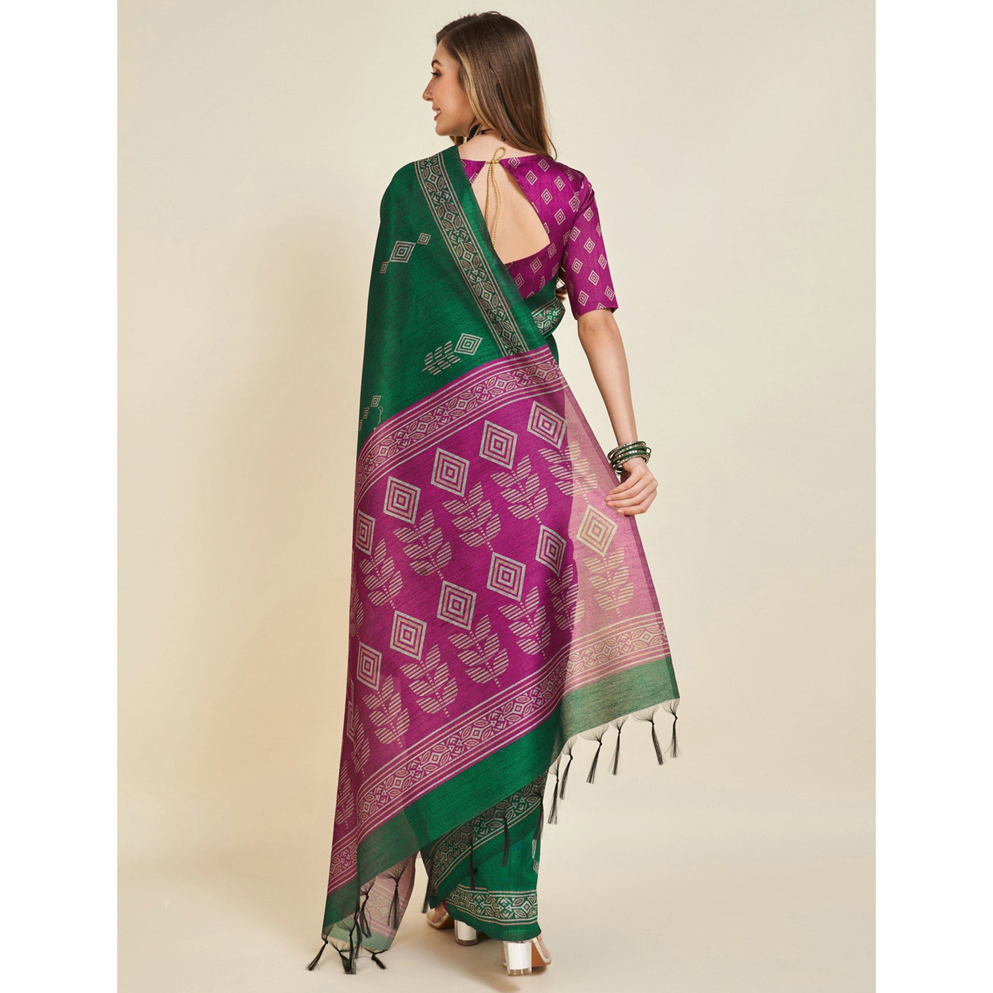 green-digital-printed-bhagalpuri-silk-saree-with-tassels