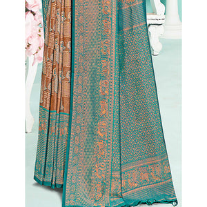 Brown & Rama Green Woven Cotton Silk Saree With Tassels