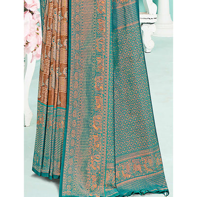 Brown & Rama Green Woven Cotton Silk Saree With Tassels