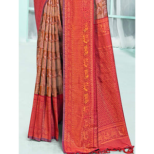 Brown & Maroon Woven Cotton Silk Saree With Tassels