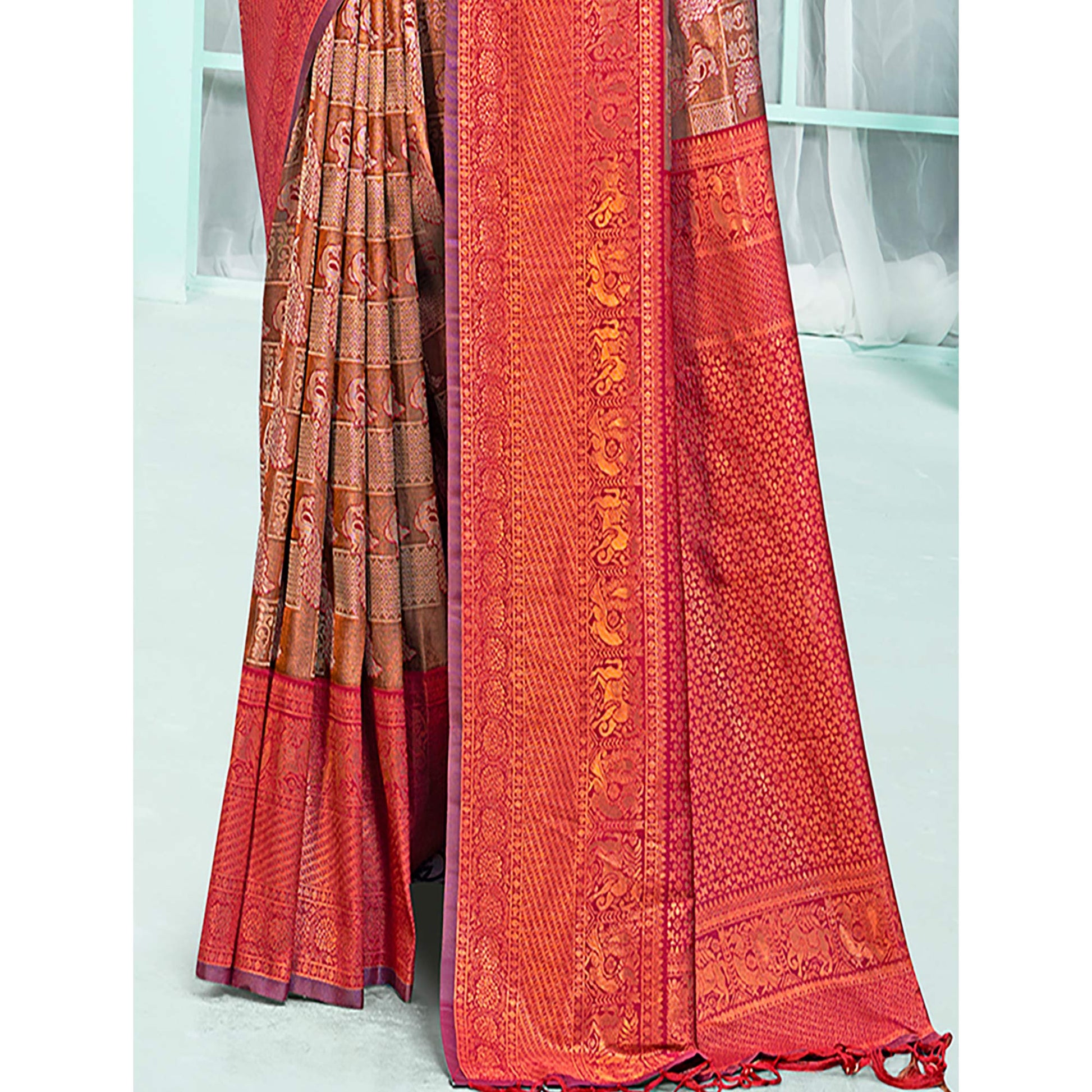 Brown & Maroon Woven Cotton Silk Saree With Tassels