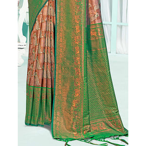 Brown & Green Woven Cotton Silk Saree With Tassels