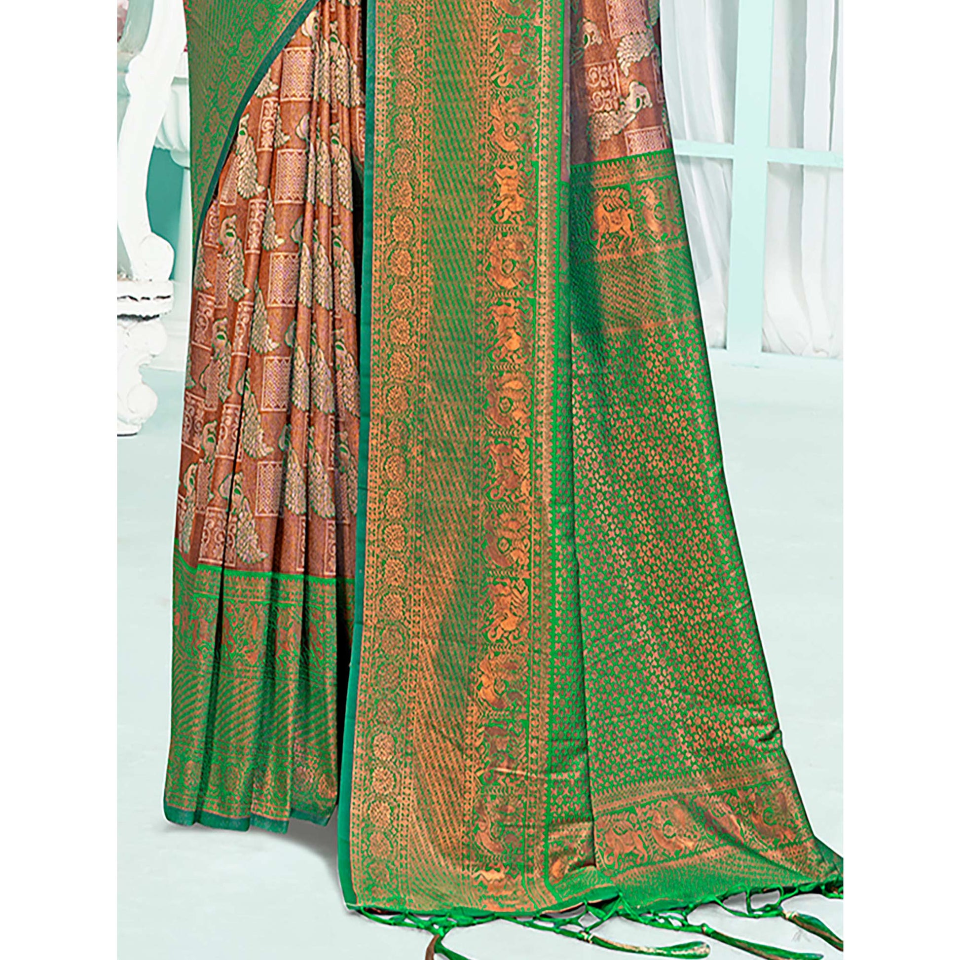 Brown & Green Woven Cotton Silk Saree With Tassels
