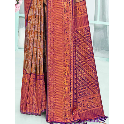 Brown & Purple Woven Cotton Silk Saree With Tassels
