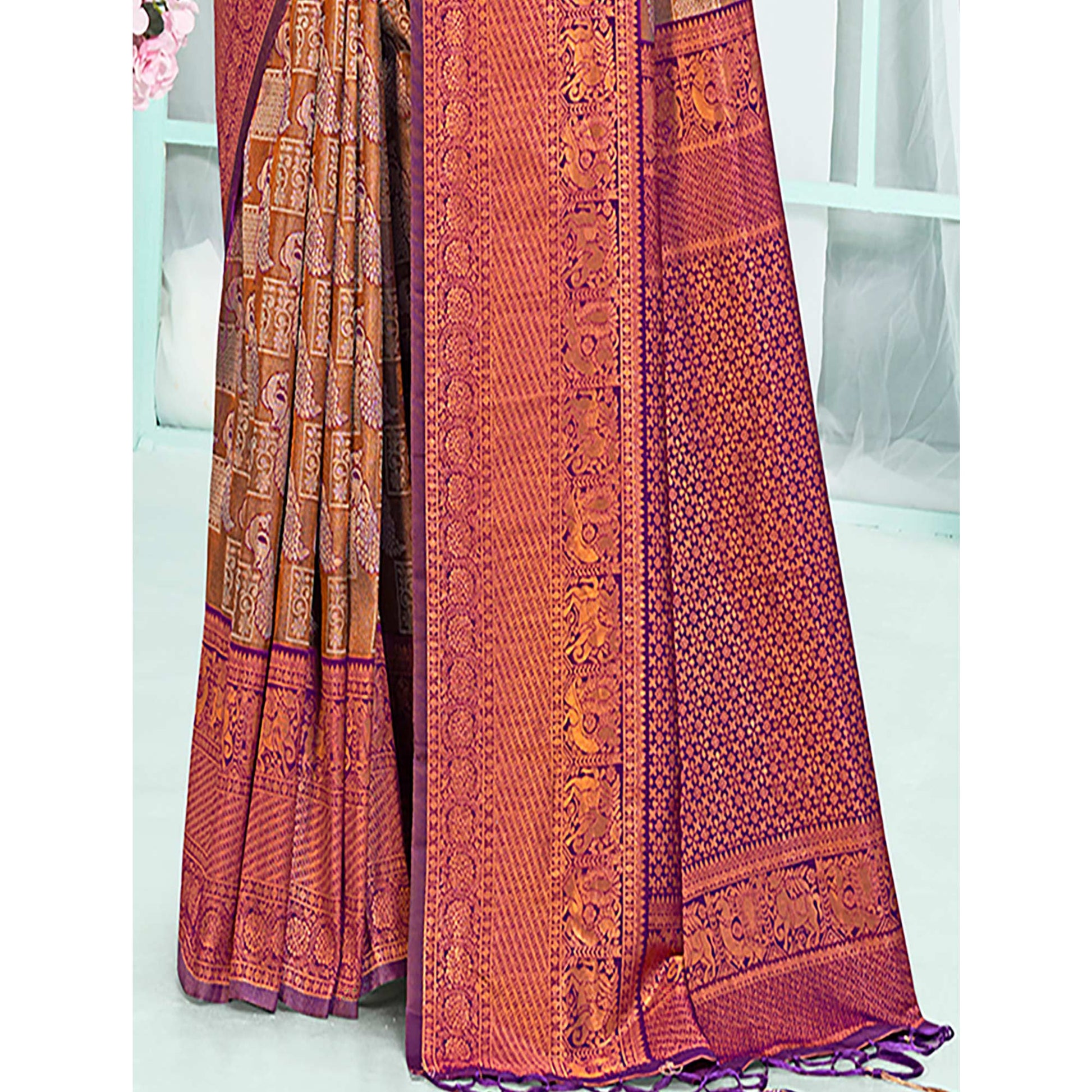 Brown & Purple Woven Cotton Silk Saree With Tassels