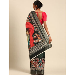 green-digital-printed-cotton-blend-saree-with-woven-border
