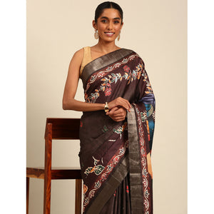 Dark Brown Digital Printed Cotton Blend Saree With Woven Border