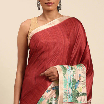 Maroon Digital Printed Cotton Silk Saree