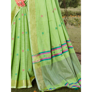 green-woven-cotton-blend-saree-with-tassels-3