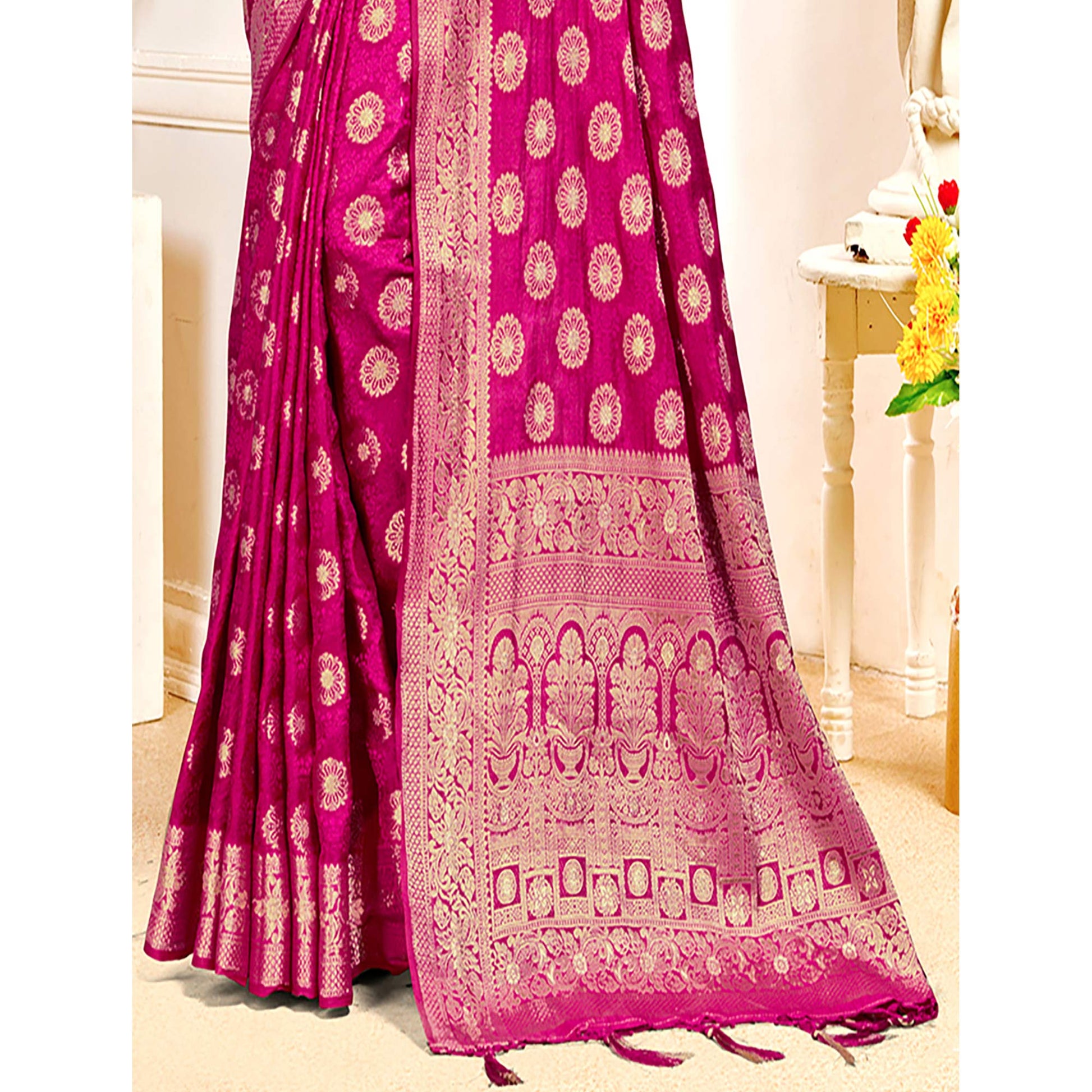 Magenta Floral Woven Cotton Silk Saree With Tassels