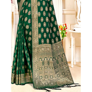 Dark Green Floral Woven Cotton Silk Saree With Tassels