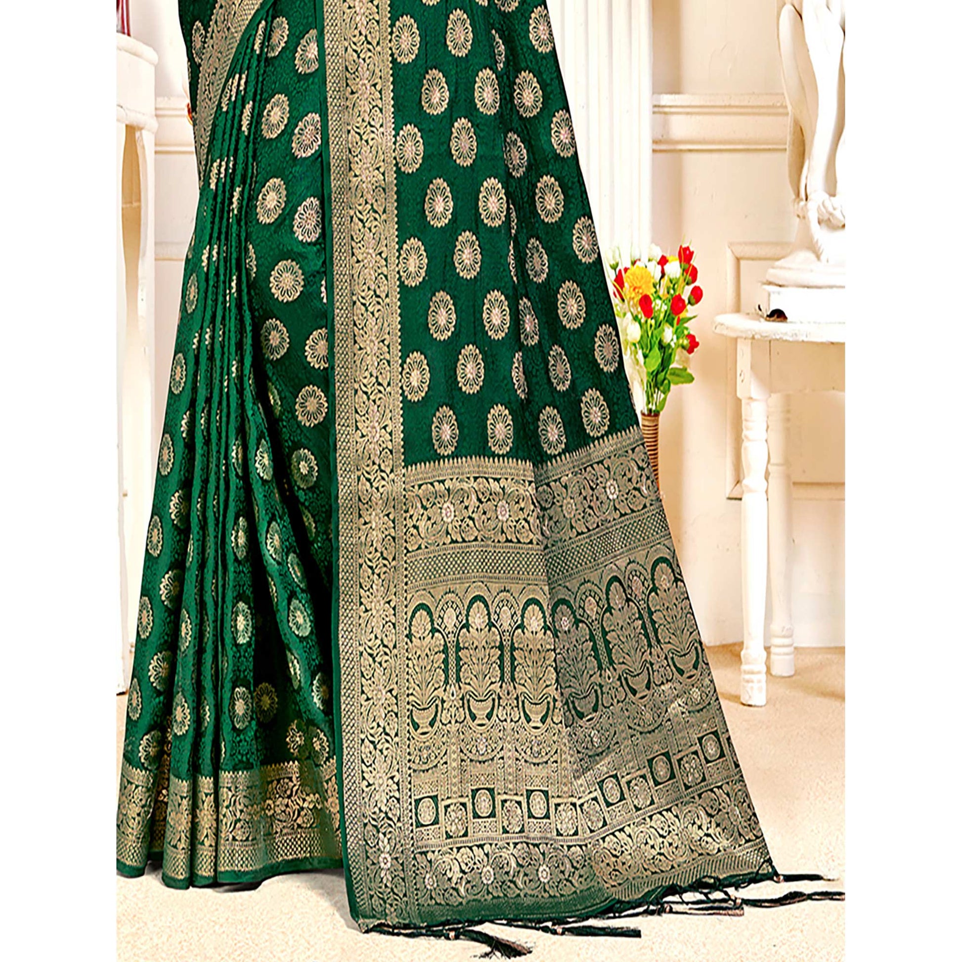 Dark Green Floral Woven Cotton Silk Saree With Tassels